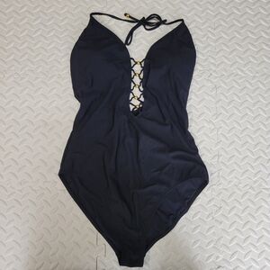 Red Carter‎ Swimsuit Size 8 Medium Black One Piece Plunging Halter Neck Gold NWT